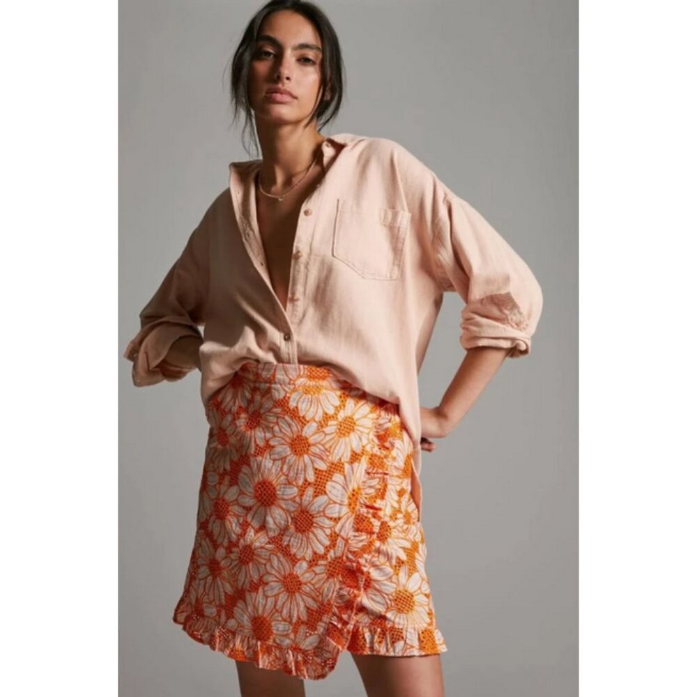 Plenty by Tracy Reese x Anthropologie Sz. M Orange Embroidered Floral Mini Skirt